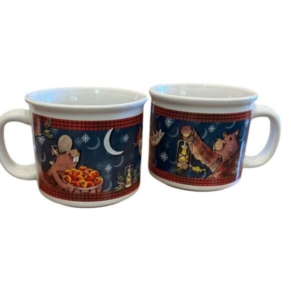 Holiday Moose & Beaver Ceramic Mugs With Winter Design - 9.5 Oz Each Id - Picture 2 of 9